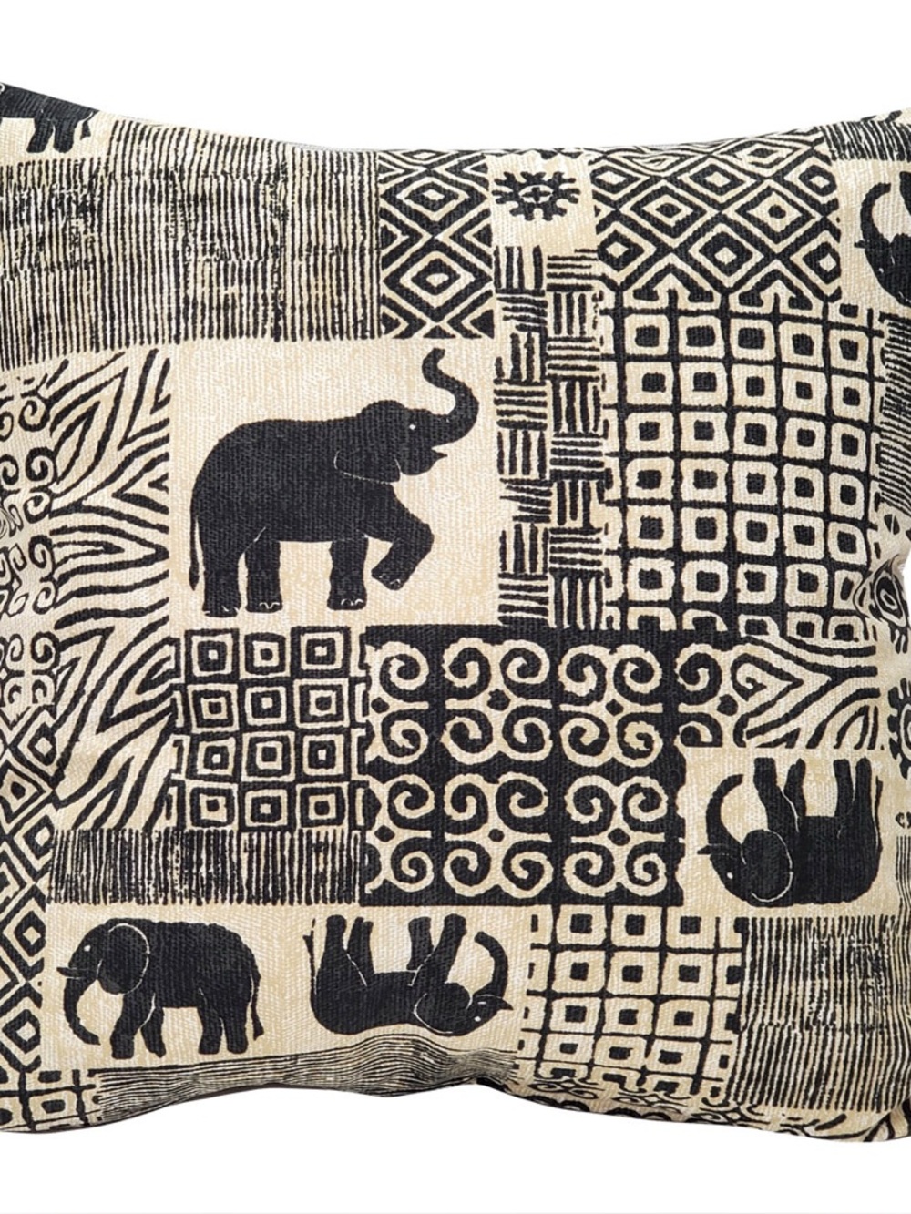 TWO Zakouma Elephant Throw Pillow 20x20 Inches Black Cream Cotton Polyester